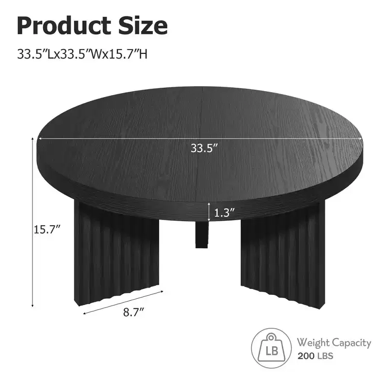33.5'' Modern Round Coffee Table, Wooden Center Table with Fluted Legs & 1.3 Thick Top, Sofa Side Table, Small Cocktail Table for Living Room, Brown