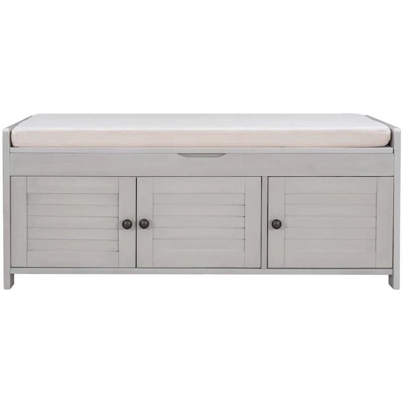 Upholstered Storage Ottoman Bench with 3 Shutter-Shaped Doors Cabinet