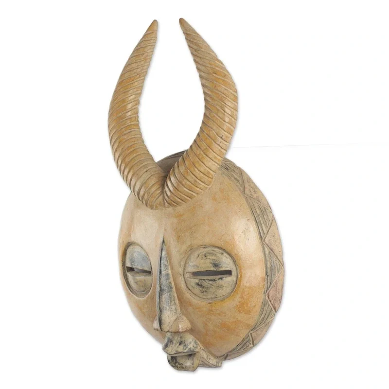 Handmade Yellow Gazelle African Wood Mask (Ghana) - 17.25  H x 9.5  W x 3.5  D