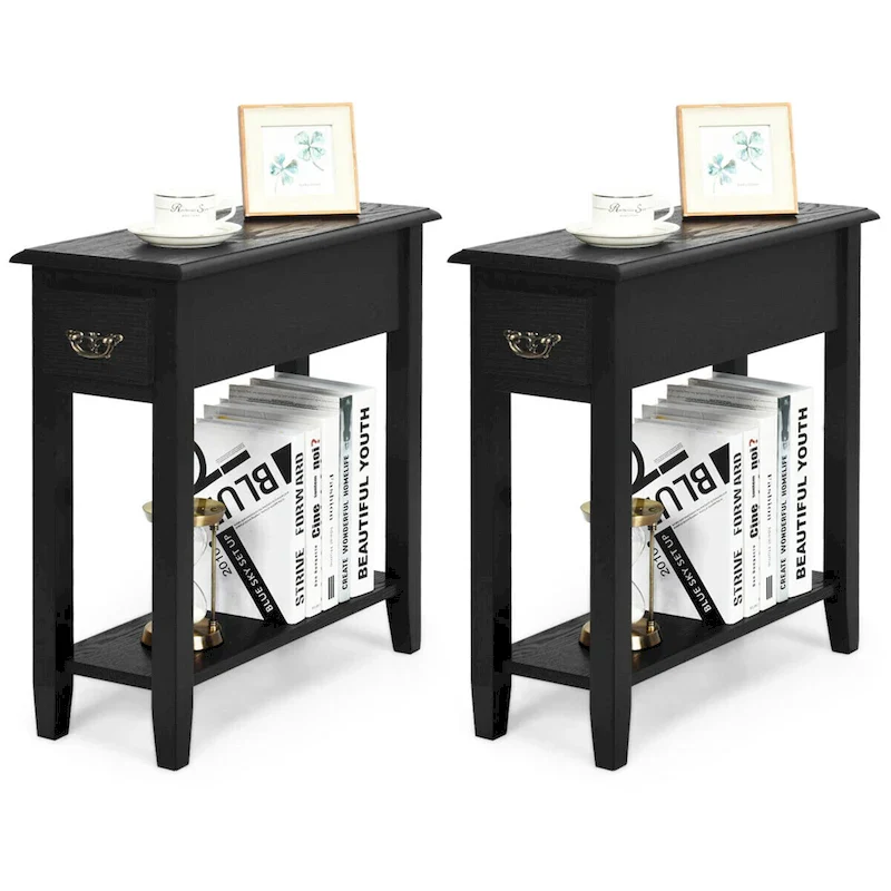 Black 2-Tier Side Table with Drawer, Set of 2