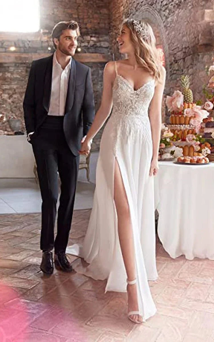 A-Line Spaghetti Chiffon Wedding Dress Simple Bohemian Elegant Summer Beach Garden With Open Back And Sleevesless And Split Front