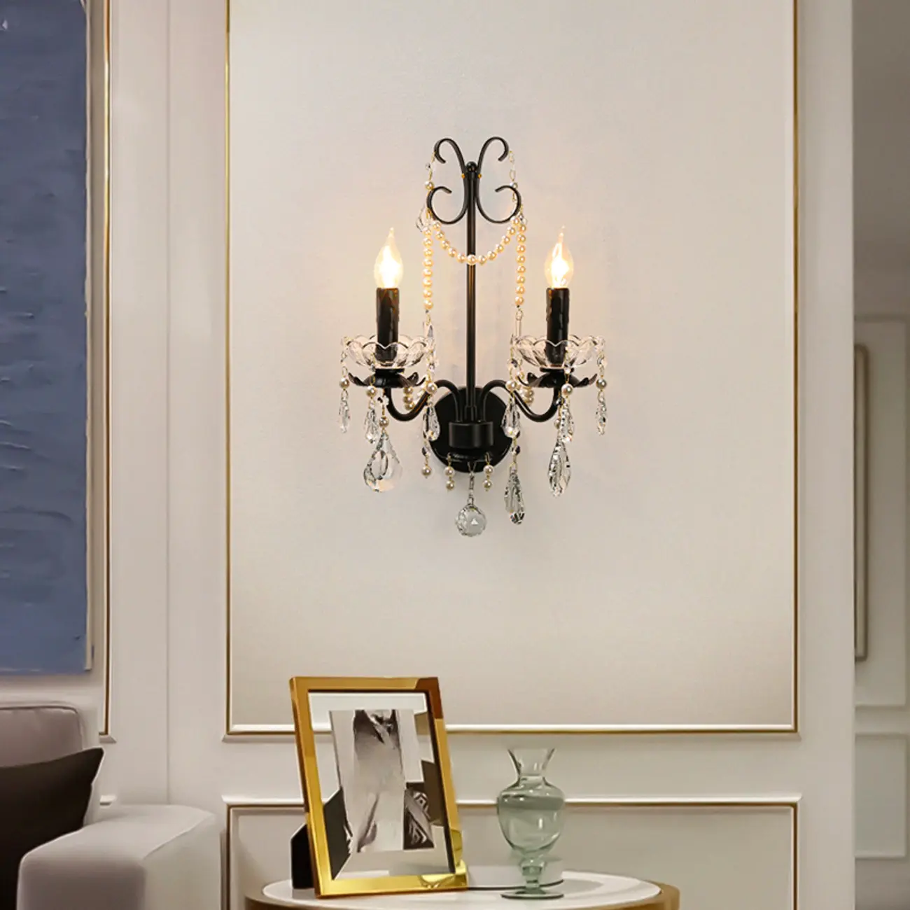 Black Modern 2-Light Candelabra Wall Sconce with Crystal