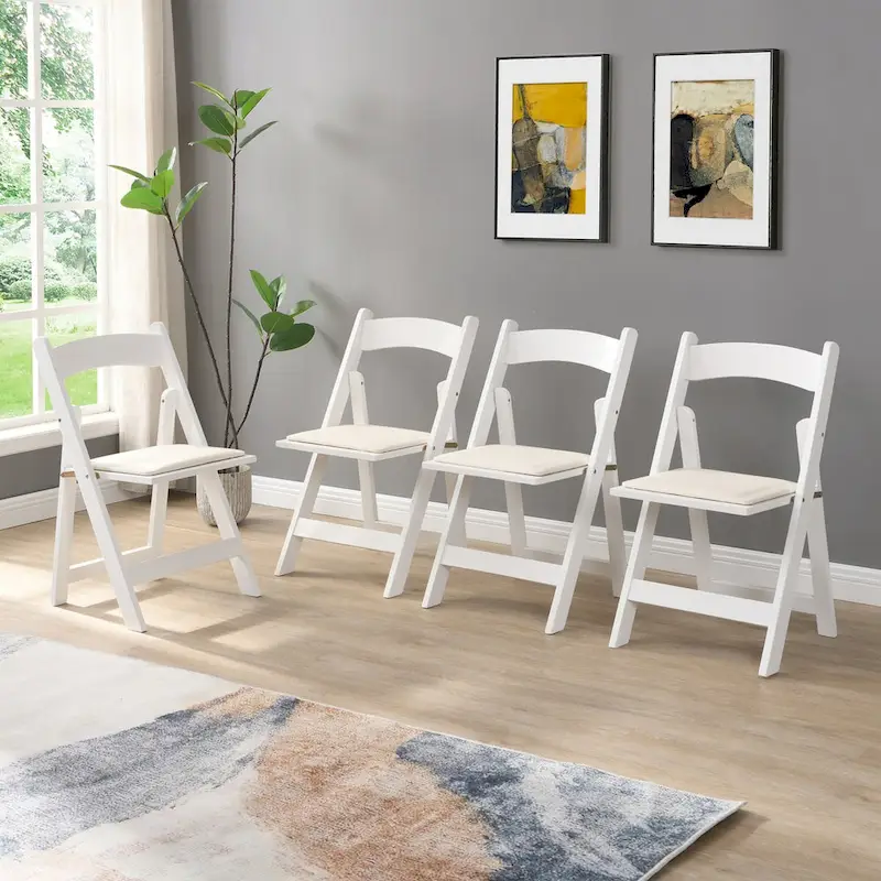 Upholstered Folding Chair,Space Saving, Easy To Carry, ,4PCS,Beige cushion/white shelf,Dining room