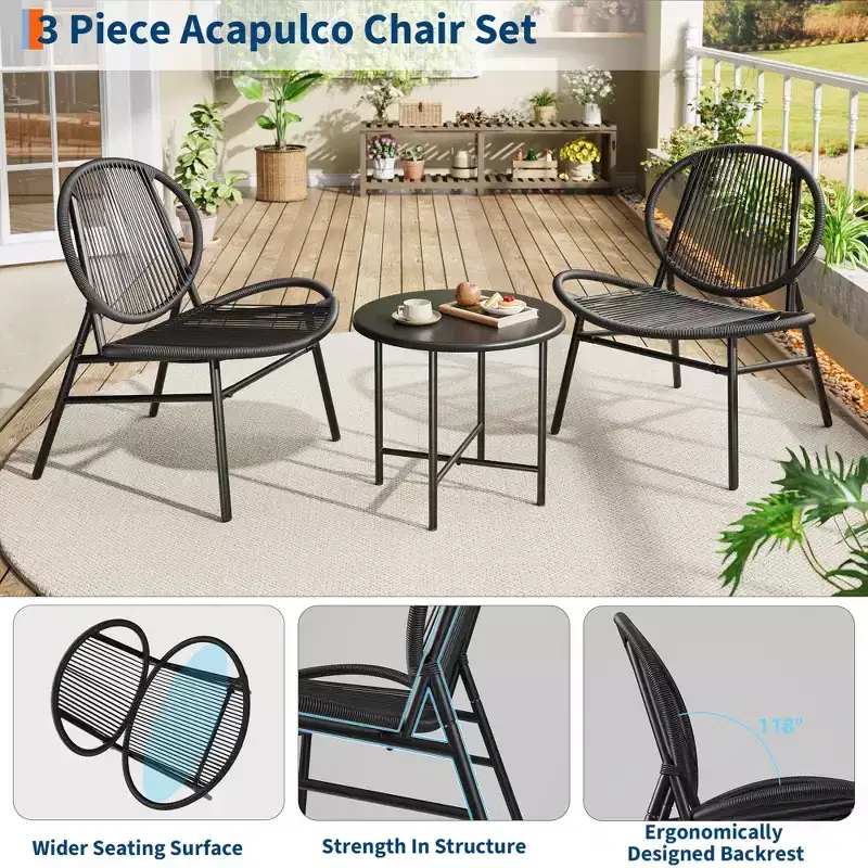 3 Piece Patio Bistro Set, Outdoor Seating Acapulco Chairs, All Weather Modern Patio Chairs Set of 2 with Side Table, Patio Conversation Bistro Set