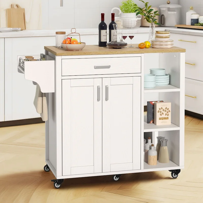 Rolling Kitchen Island on Wheels with Drawer Open Shelves & Doors