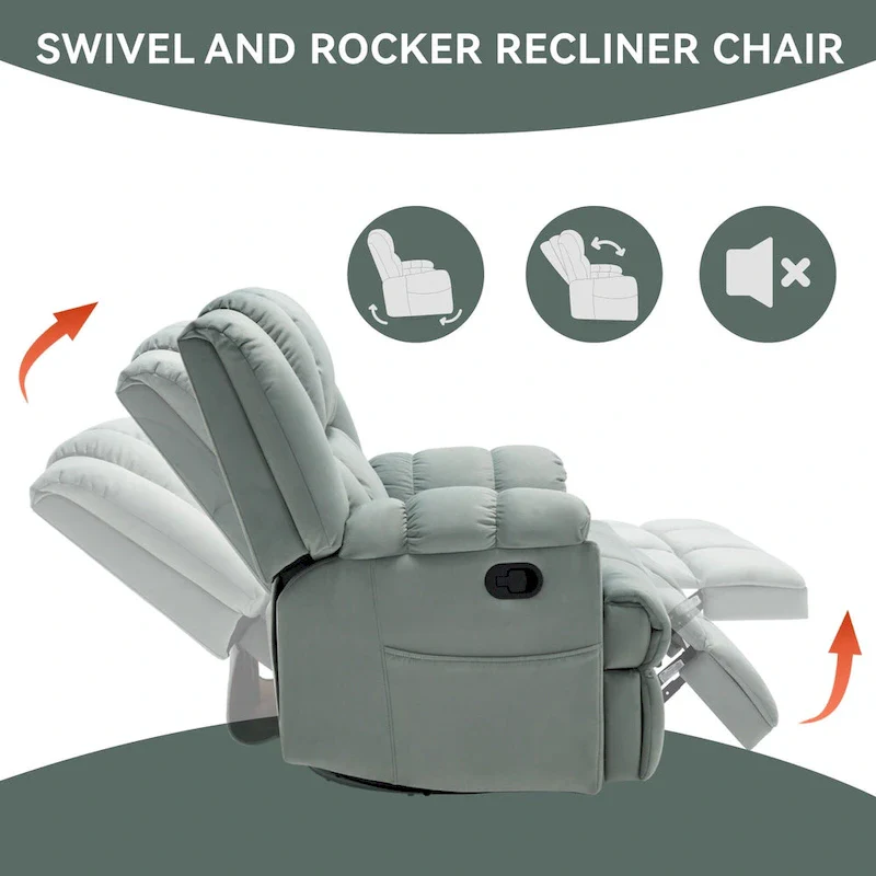 Swivel Rocker Fabric Recliner Chair, Overstuffed Large Manual Recliner Glider with Pillow Top Arms and Cushion Back