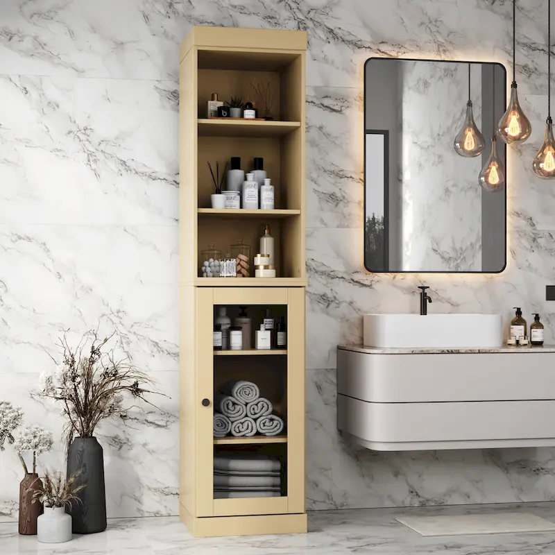 Palace Imports 100% Solid Wood 16.5 Bathroom Storage Cabinet with Clear Glass Doors and Adjustable Shelves