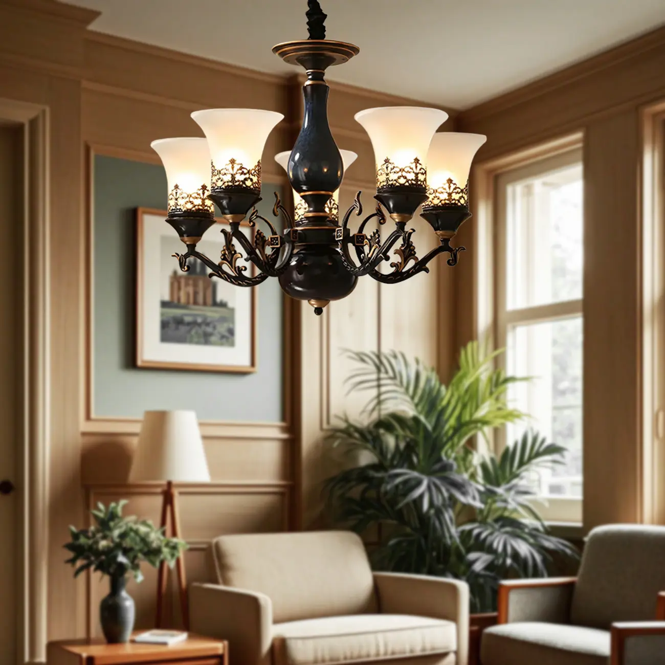 Mid-Century Living Room Black Frosted Wite Glass Bell Shape Chandelier