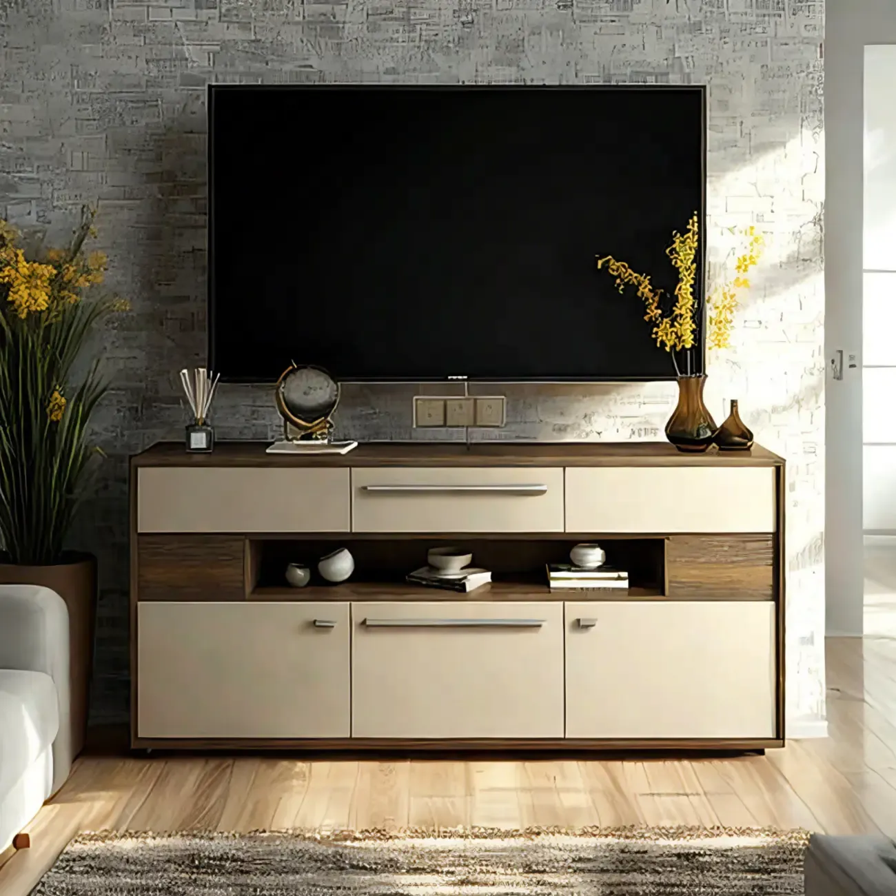 Bedroom Rectangle Grey Wood Enclosed Storage TV Stand