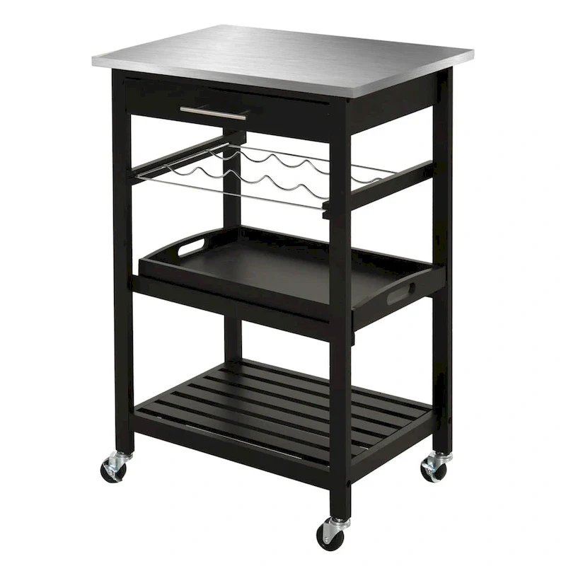 HOMCOM Kitchen island Cart Rolling Trolley Utility Serving Cart with Stainless Steel Tabletop, Wine Rack & Drawer