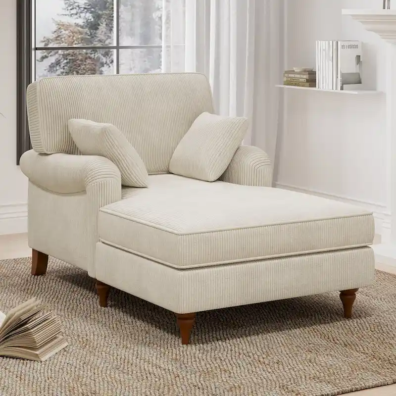 Beige Corduroy Chaise Lounge Chair for 2, with 2 Pillows & Rolled Arms