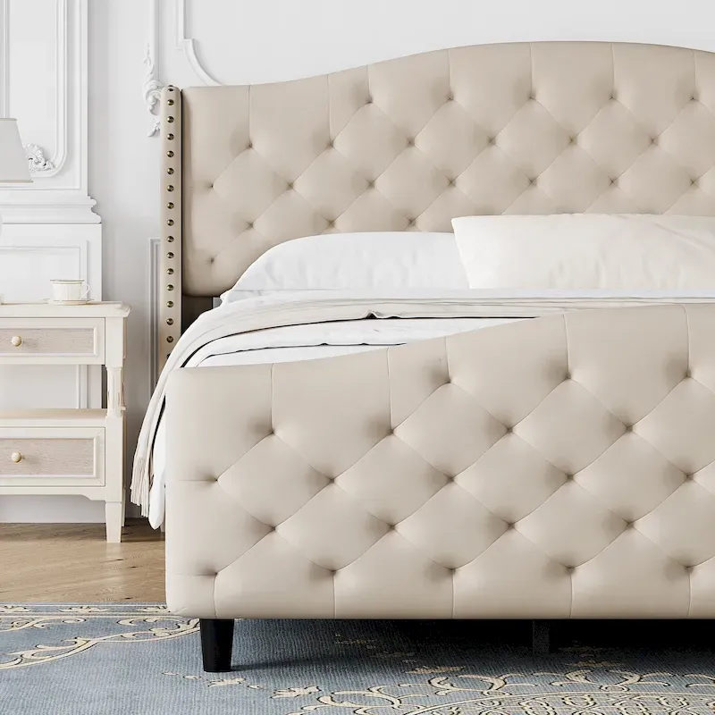 Bed Frame With Velvet Upholstered Headboard And Footboard