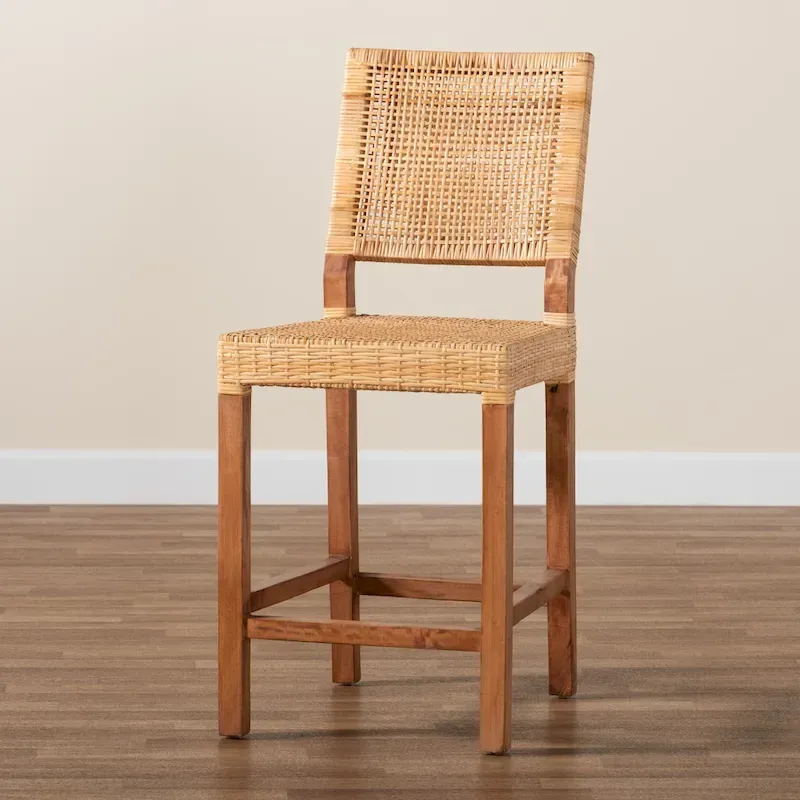 Lesia Modern Bohemian Natural Brown Rattan and Wood Counter Stool