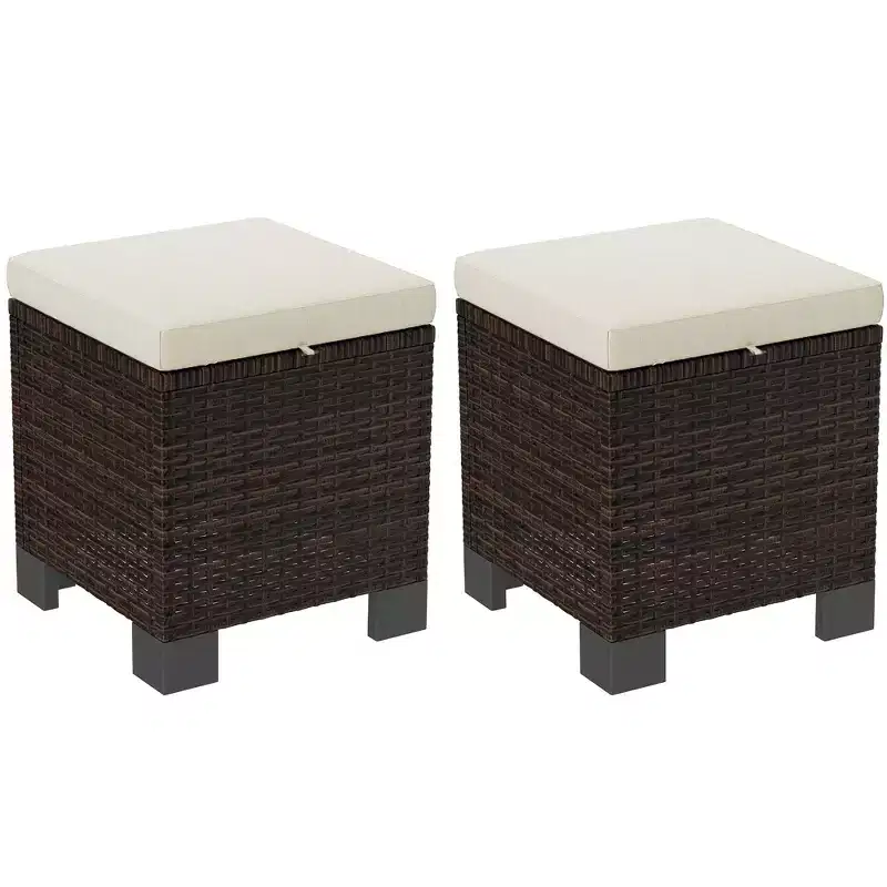 Outsunny 2 Pieces Wicker Outdoor Ottomans with Cushions, 3-in-1 PE Rattan Ottoman Seat, Footrest and Side Table for Backyard, Poolside