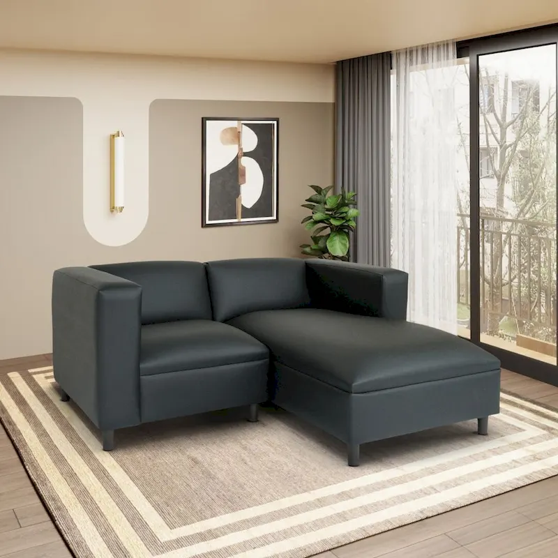 Coast to Coast Sofas Mid Century Modern L Shaped Sofa Faux Leather Solid Wood Frame Upholstered