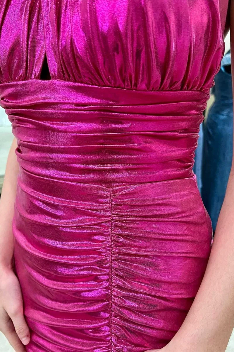 Neon Pink Halter Ruched Short Party Dress