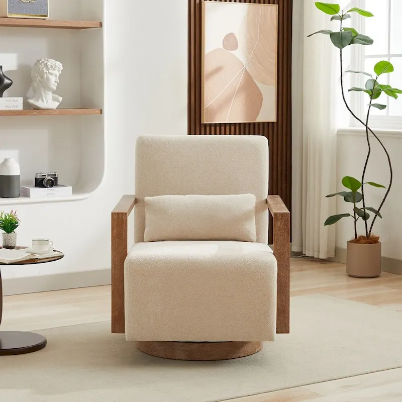 Swivel Accent Chair with Solid Wood Armrests