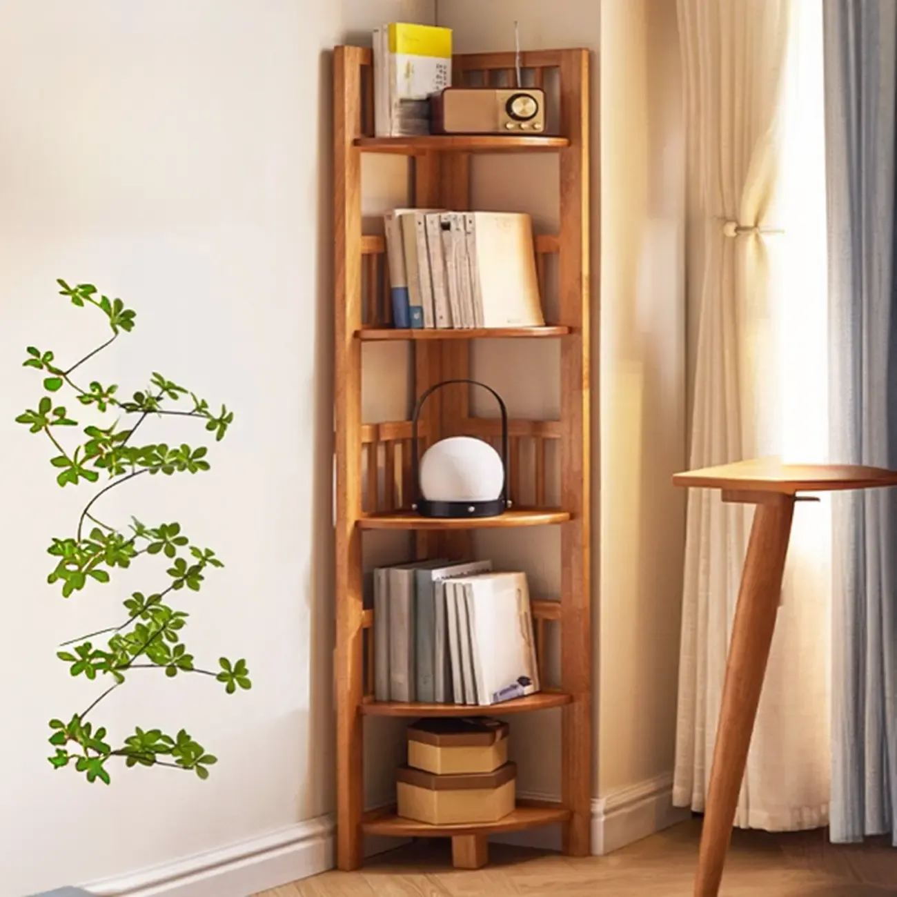 Narrow Wood Curved Shelf Corner Open Back Bookcase