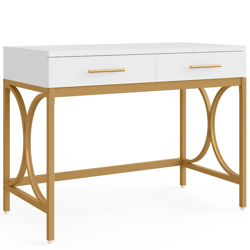 Modern Computer Writing Desk with 2 Drawers, White and Gold Home Office Desk, Makeup Vanity Table