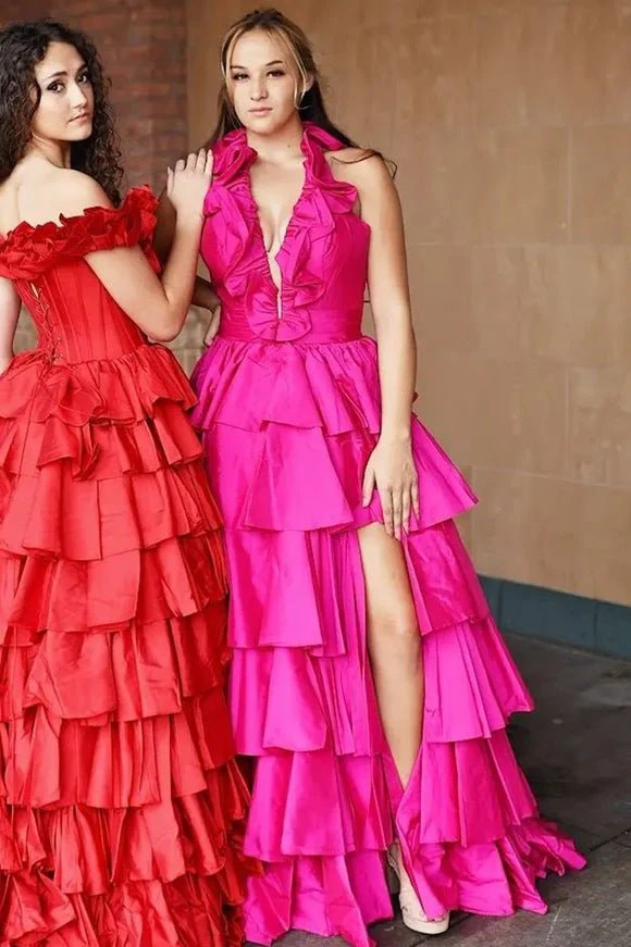 Halter Red Ruffle Tiered A-Line Prom Dress