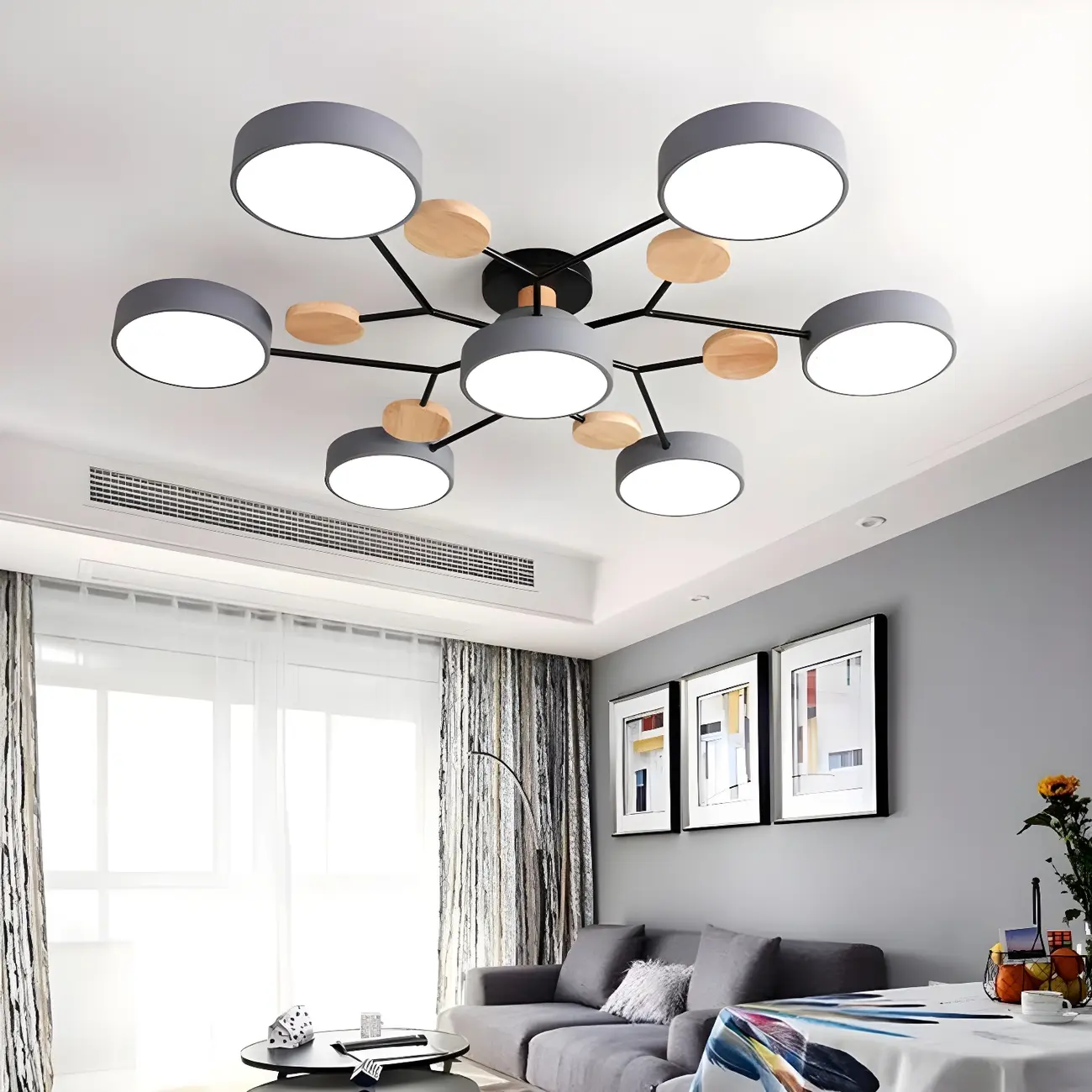 Large Gray Round Metal Semi-Flush Ceiling Light, 7-Light