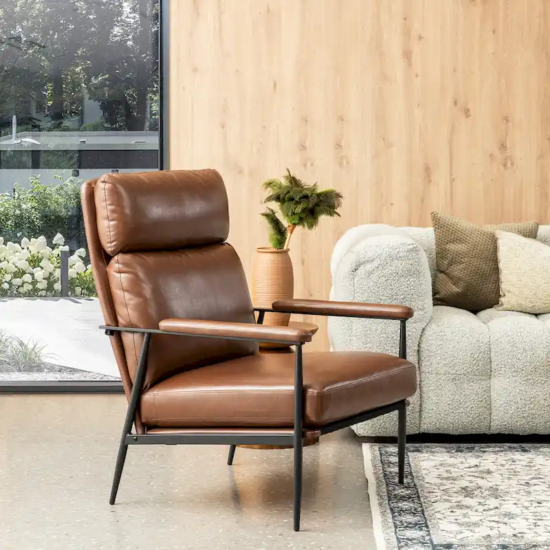 Glitzhome 33.75W Mid-Century Modern Leatherette Armchair With High Back and Padded Arms - 33.75 W x 39.5 H x 28 D