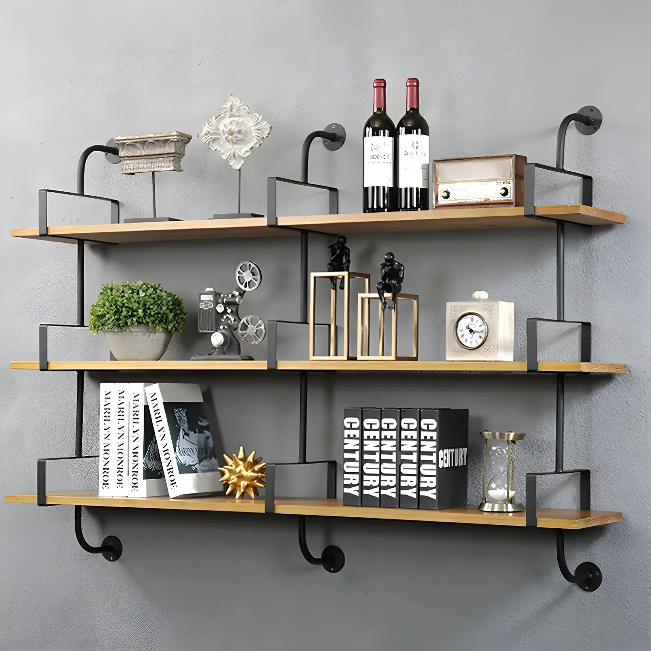 Simple 2-Tier Wood Metal Wall-Mounted Bookcase