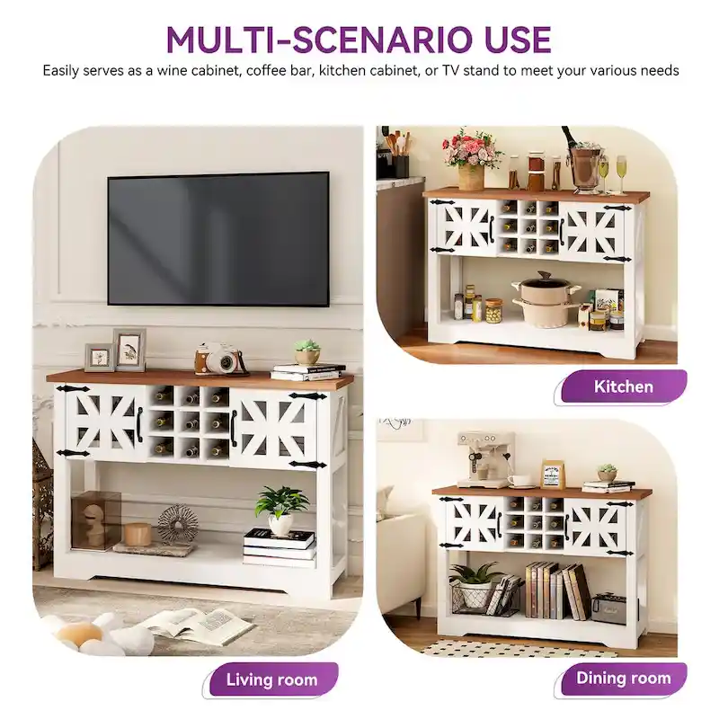 White Distressed Wood Farmhouse Console Buffet Cabinet with 9-Bottle Wine Rack & 2 Doors