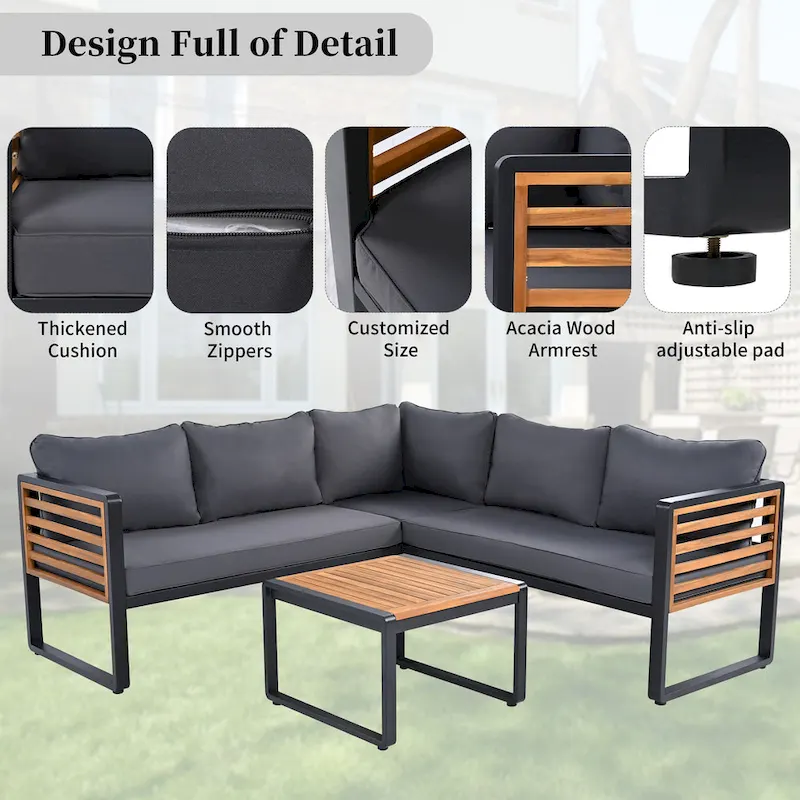 4-Piece Iron L-Shaped Sectional Sofa Set with Cushions & Table