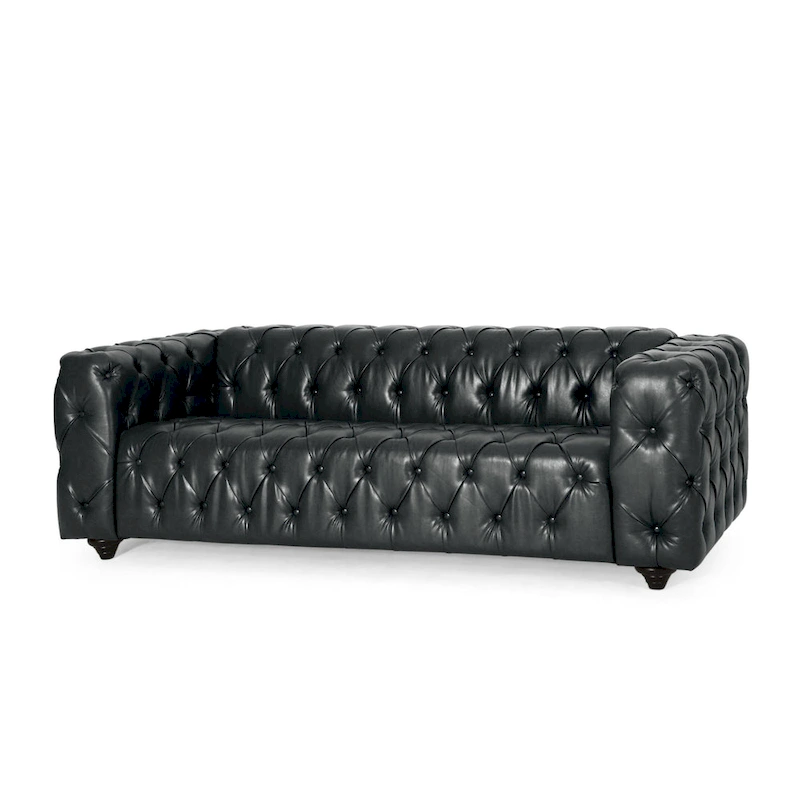 Arlo Sofa, Chesterfield Tufted Black Faux Leather Upholstery, Wood, 84 Inch