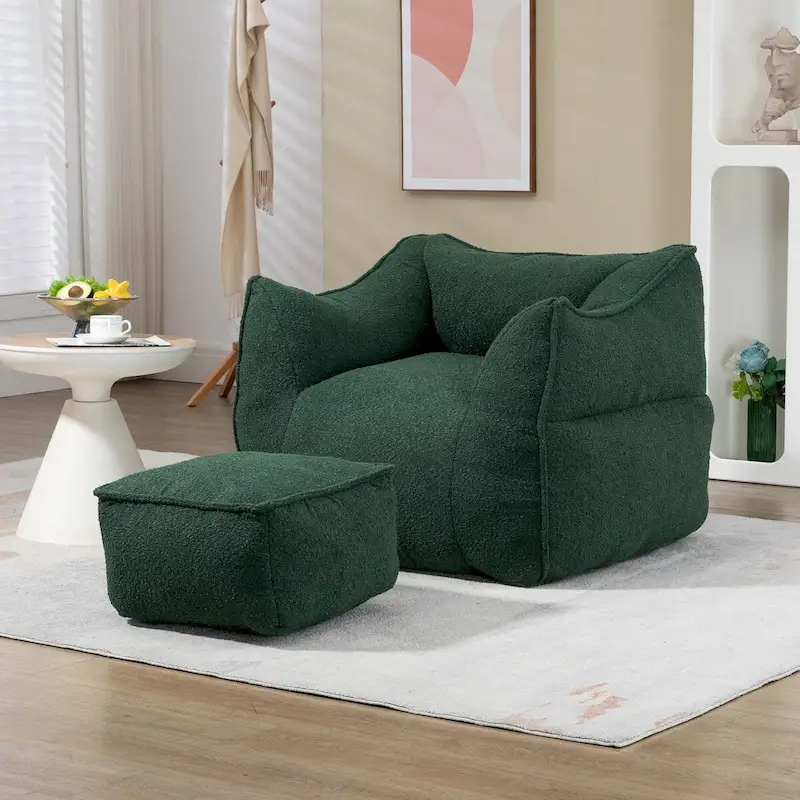Boucle Upholstered Deep Seat Armless Square Bean Bag Chair with Ottoman