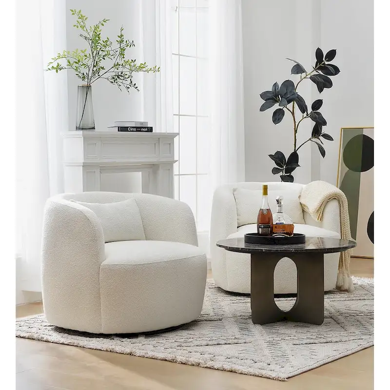 KINWELL 34 Poly Blend Boucle Fabric Upholstered Swivel Armchair