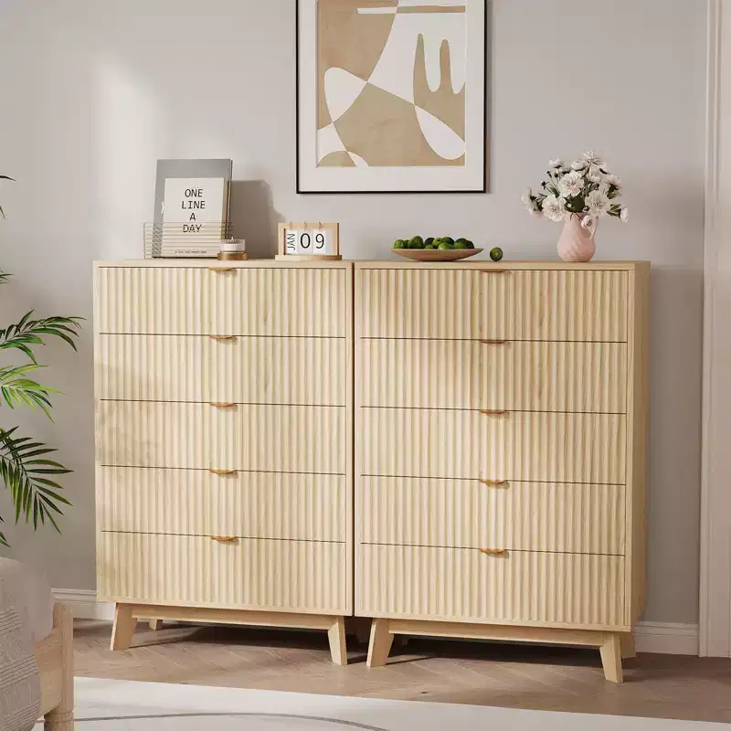 5 Drawer Dressers 2pcs, Fluted Closet Dressers Chest of Drawers, Wood Storage Dresser Organizer for Bedroom Living Room Hallway, Natural