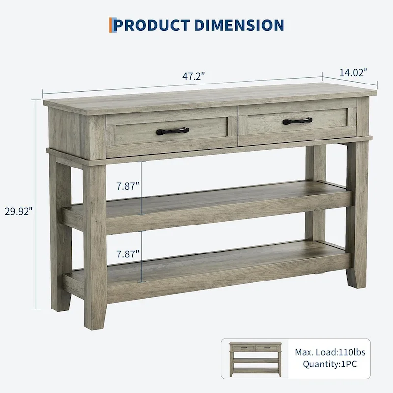 Farmhouse Console Table, Rustic Entryway Table with 2 Drawers and 2 Shelves, Wood Sofa Table Entryway Desk