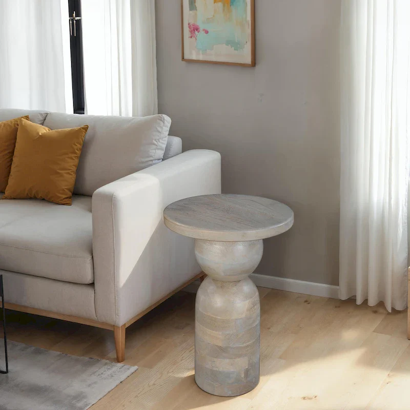 Natural Brown/Beige Mango Wood Round Side Table, Pedestal Base