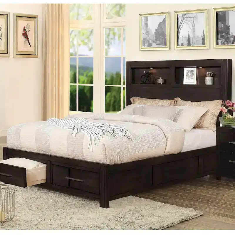 Storage Bed with LED Headboard - Espresso/Grey/White - Queen/King/Cal King