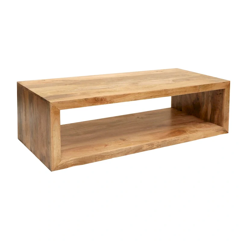 Keli 58 Inch Mango Wood Coffee Table, Open Cube, 1 Shelf, Natural Brown