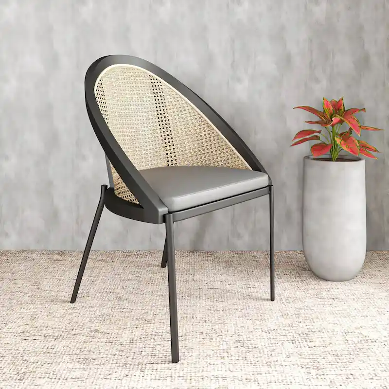 Modern Dining Chair with Faux Leather Seat & Wicker Back