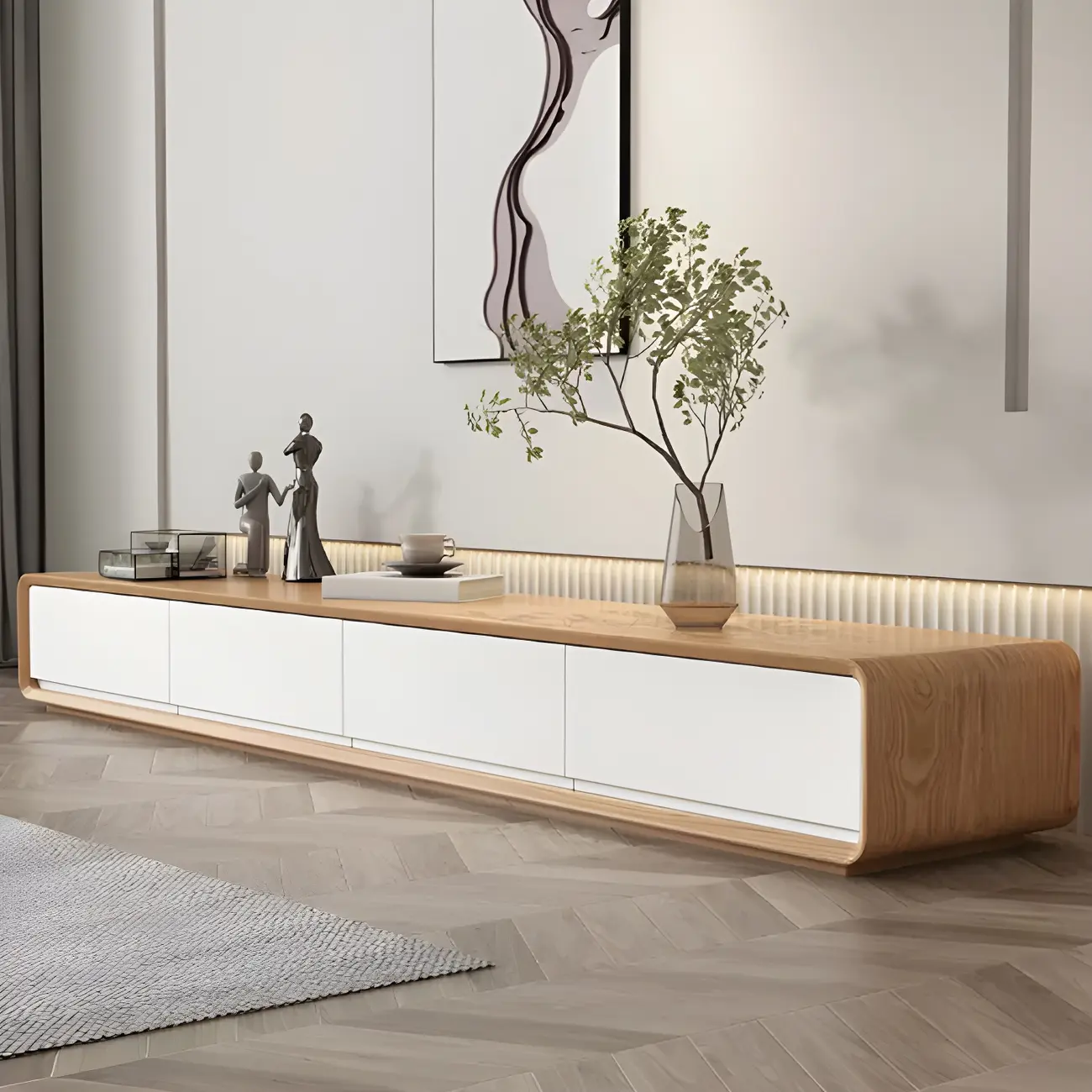 79 Natural Wood Long Floating TV Stand with Drawers