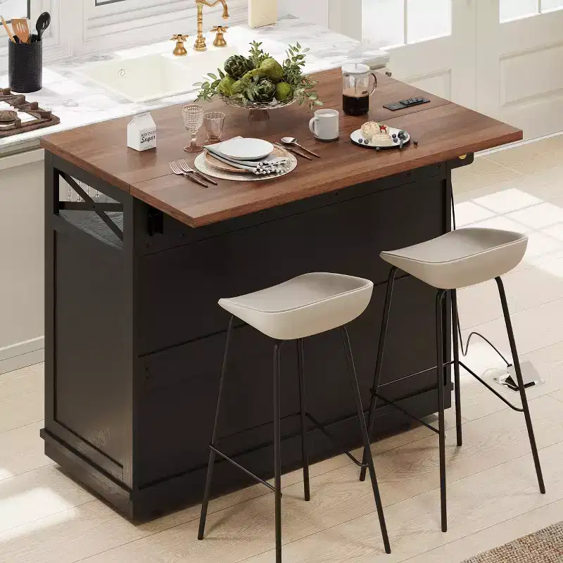 46.5 Farmhouse Kitchen Island with Power Outlet & Beaded Drape - Rolling Cart with Drop Leaf, 3 Drawers & Locking Wheels
