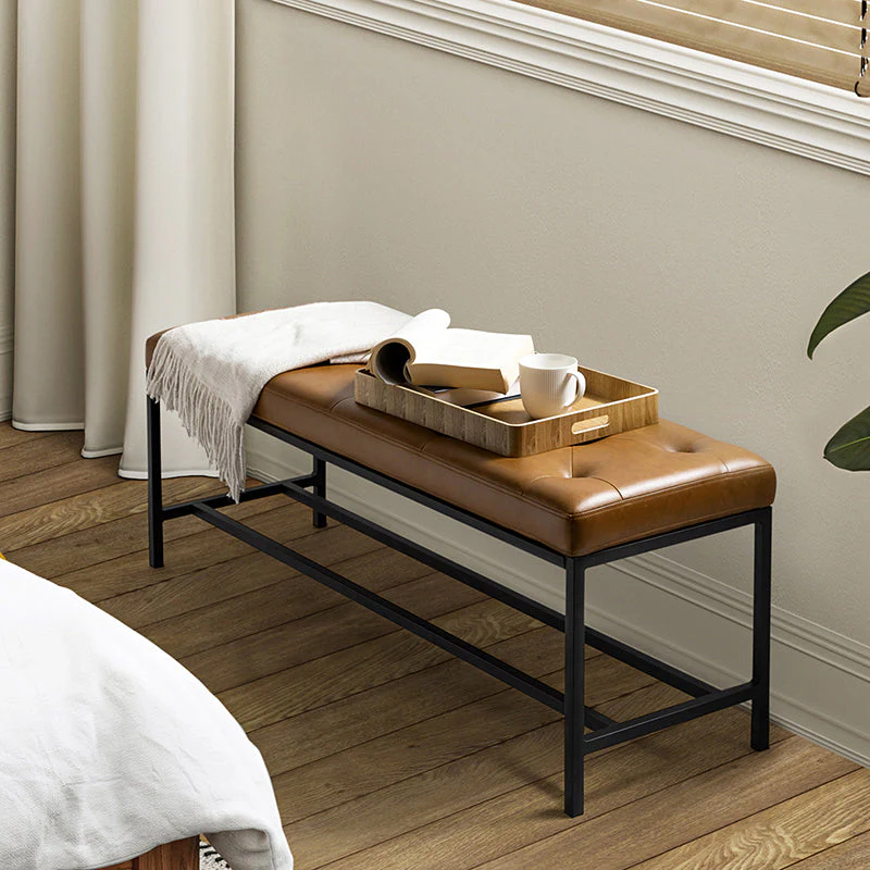 Button-Tufted Upholstered Bench with Black Metal Legs | Camel / Black / Beige | Single