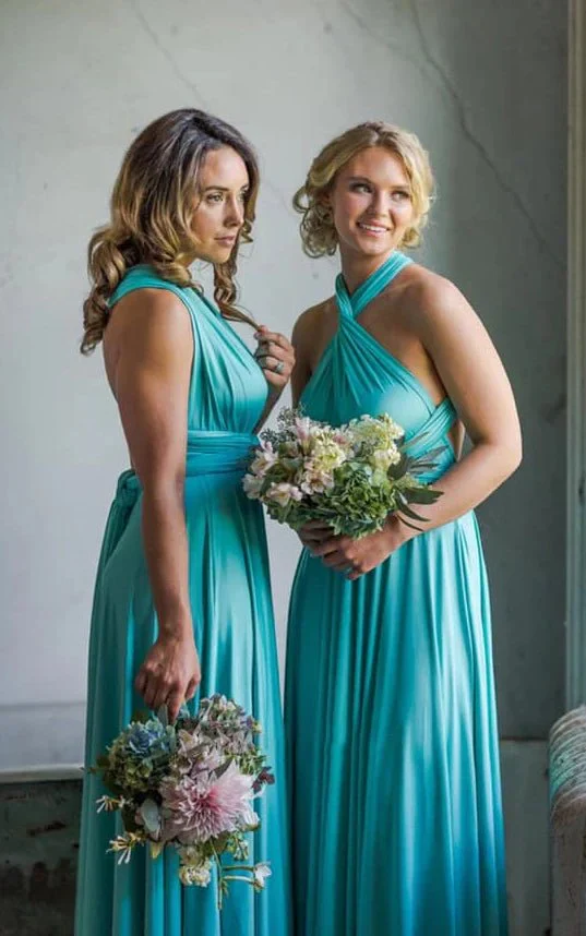 A Line Halter Neck Jersey Bridesmaid Dress With Half Sleeves And Straps Back