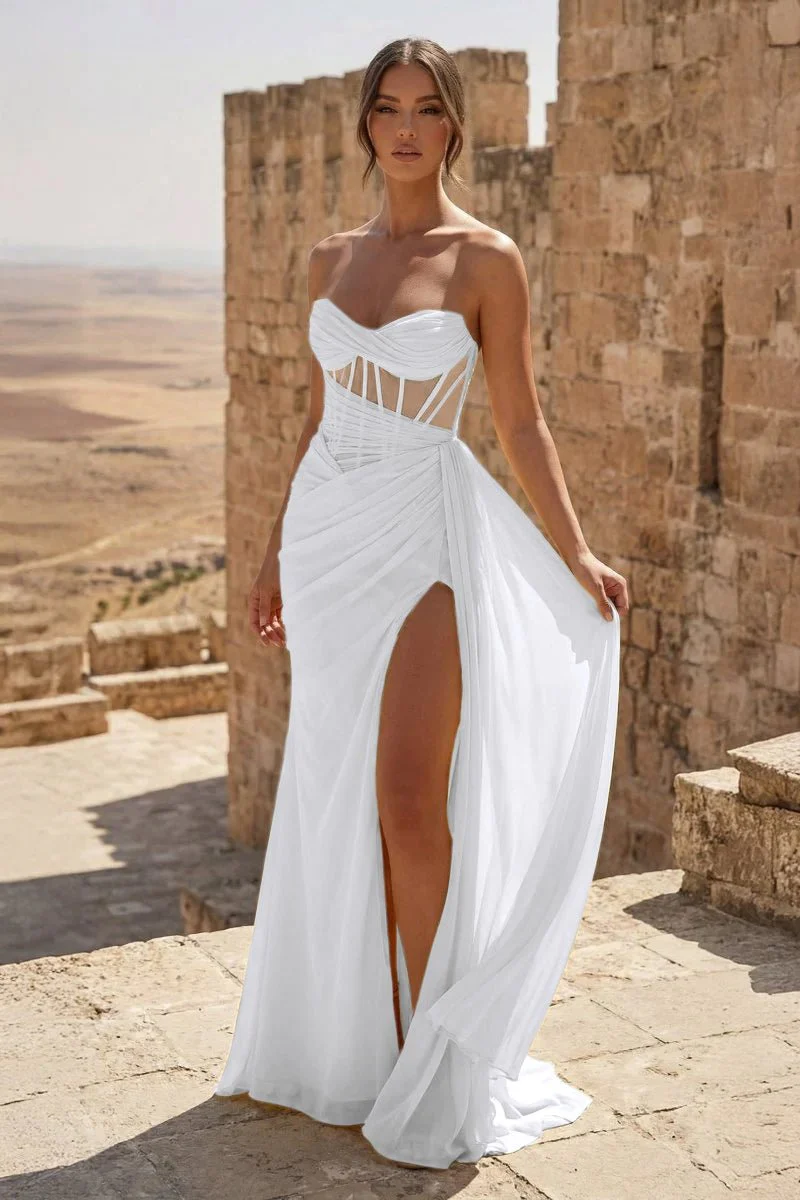 Yellow Strapless Sheath Pleated Long Prom Dresses With Slit