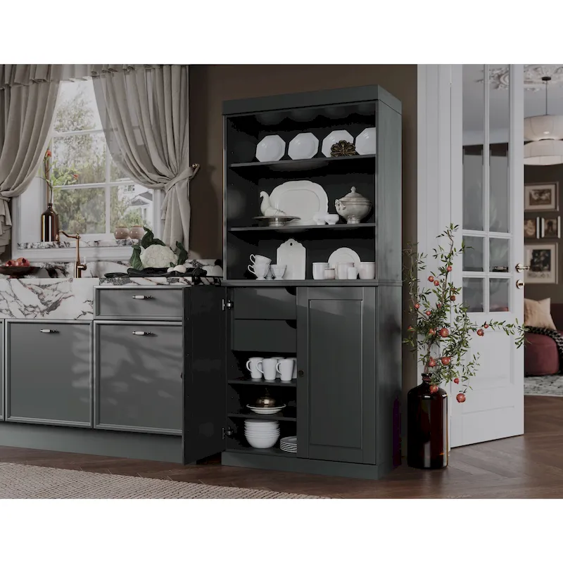 100% Solid Wood Kitchen Pantry Cabinet with 2 Clear Glass or Solid Wood Doors and 2-Drawer Organizer