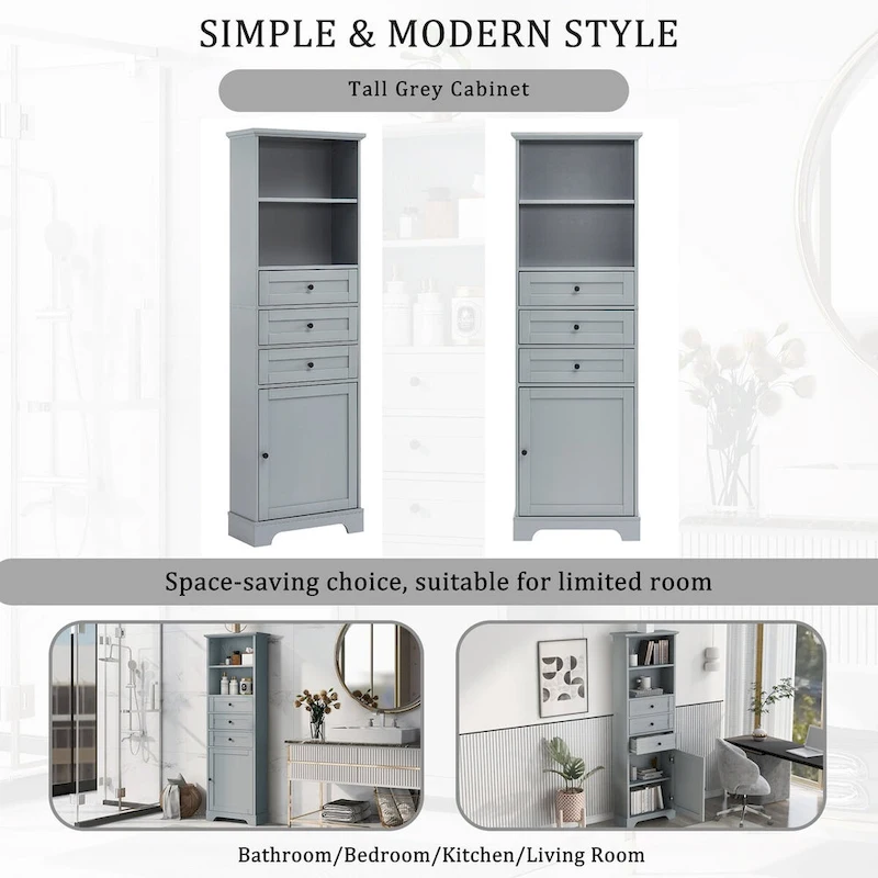 68 Tall Freestanding Bathroom Cabinet with 3 Drawers and Adjustable Shelves
