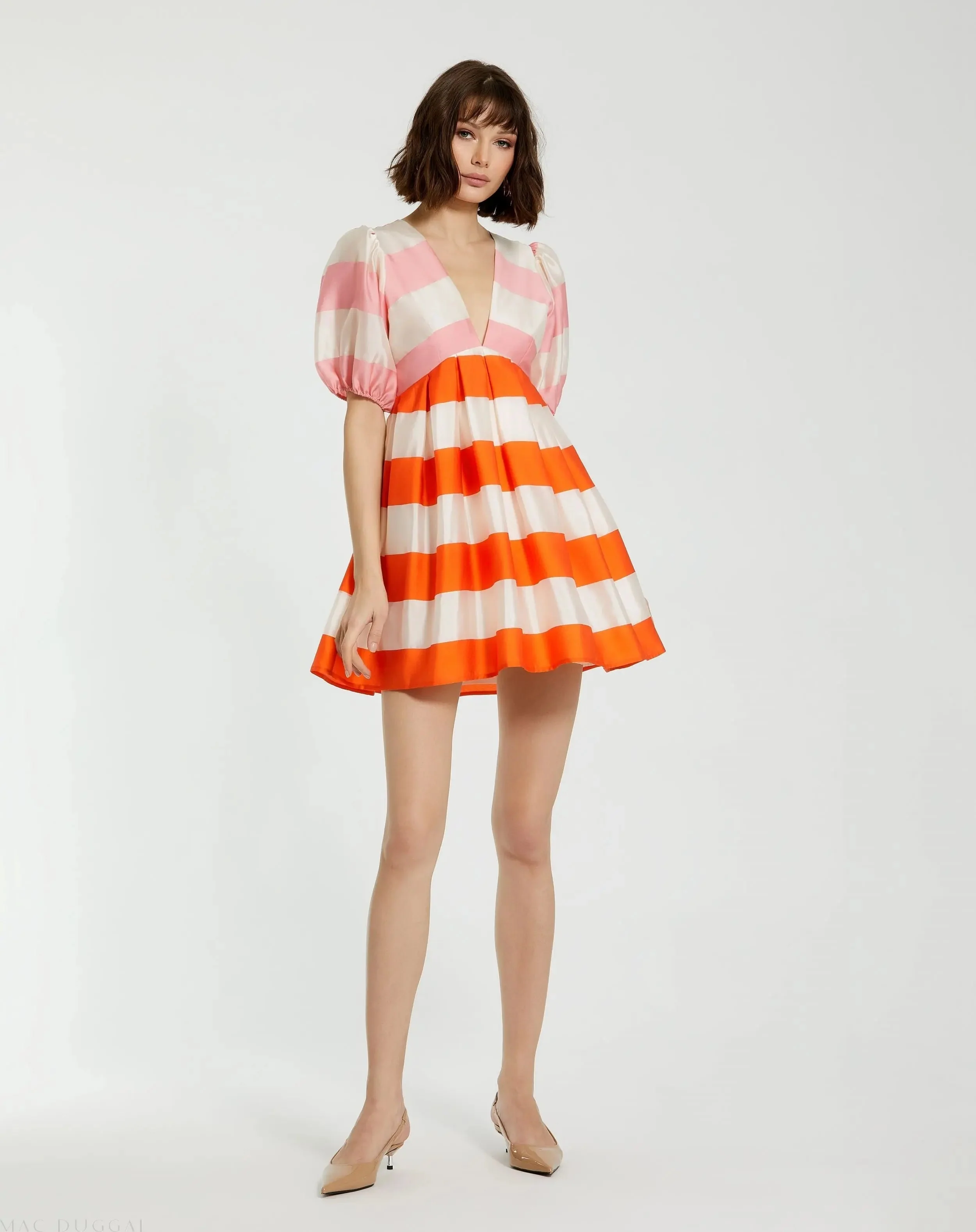 Multicolor Organza Striped Balloon Sleeve Mini Dress