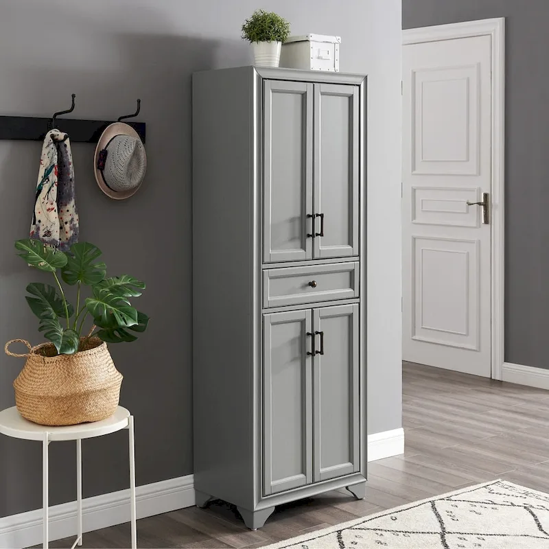 Gray Distressed Pantry Cabinet with Drawer & Double Doors, 1-Person Assembly