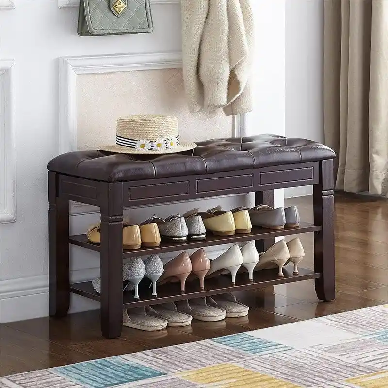 Brown / Black Padded 2-Person Shoe Storage Bench with Flip-Top & 2-Tier Rack
