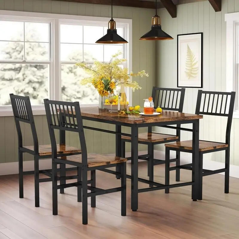 Modern Industrial 5-Piece Dining Table Set, Rectangular Table and Chairs Set, Dinette, Space Saving Dining Set