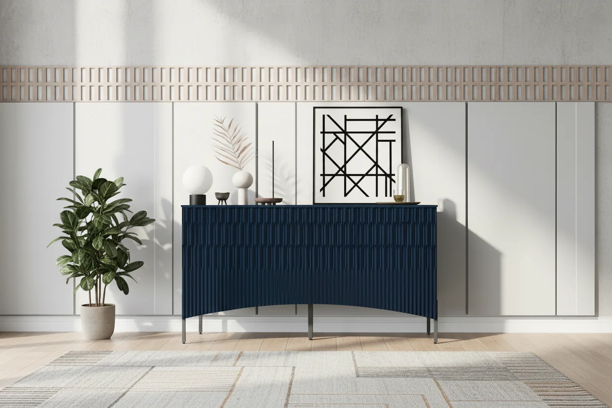 Navy Blue / Beige / Black 4-Door Curved Sideboard with Metal Legs